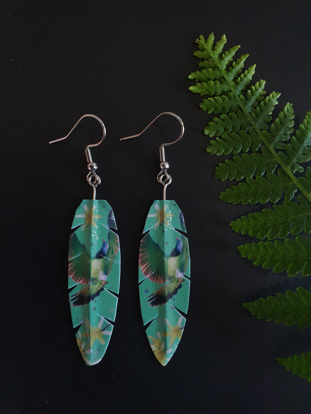 Art by Judi Lapsley Miller Feather Earrings -Kererū