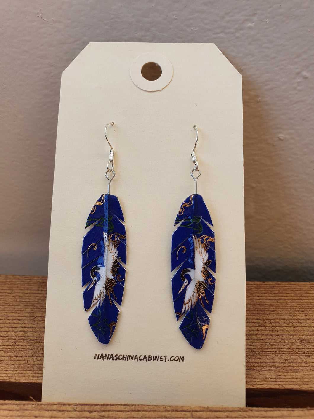 Washi Feather Style Earrings © - Royal Blue with White Cranes
